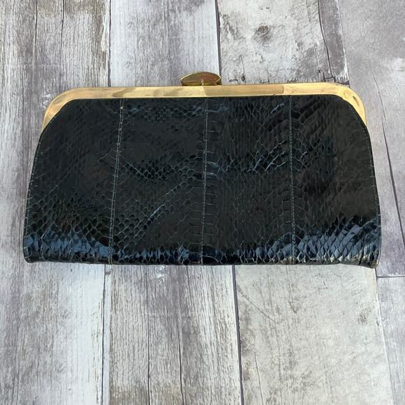 VTG Shirl Miller Purse Clutch Black Gold Framed Reptile Snake Glam Retro Boho - Picture 2 of 11